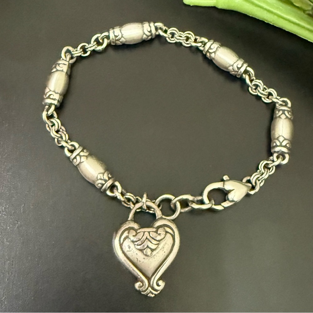 Retired BRIGHTON Blair Heart Barrel Link Chain Silverplated Heart Charm Bracelet